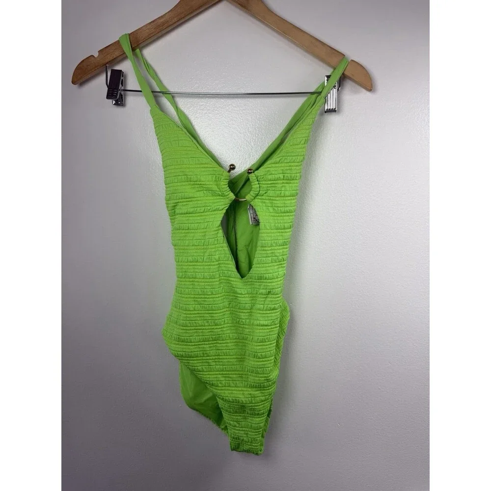 Neon Green Textured One Piece Swimsuit Open Back Ring Detail Criss Cross Size S